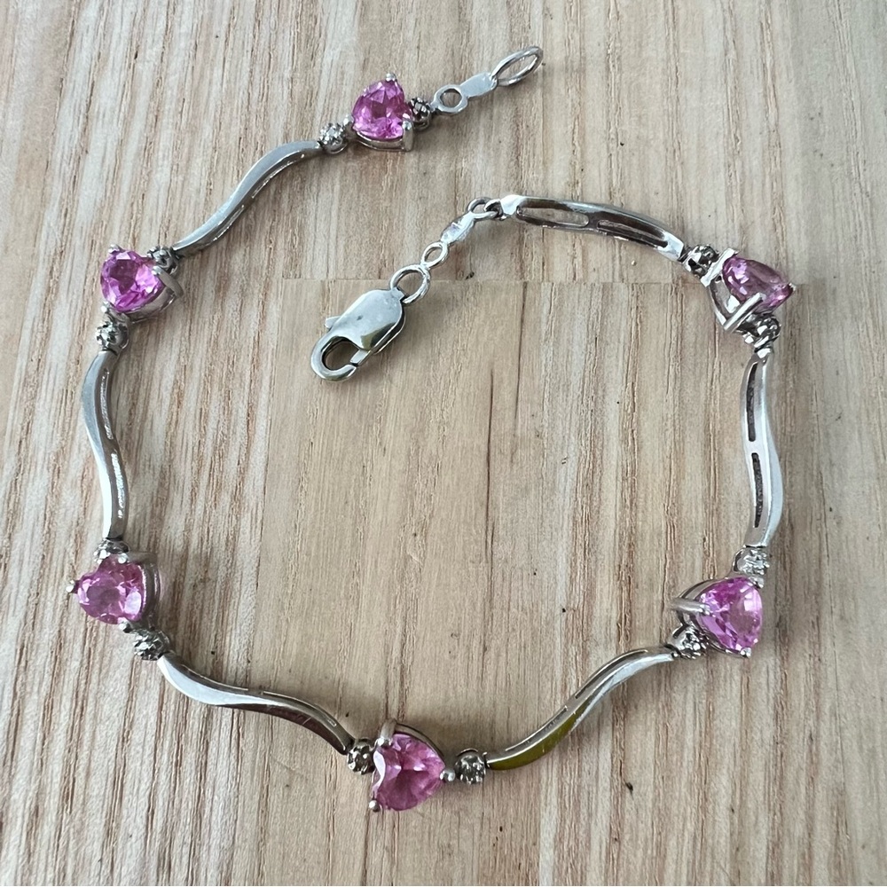925 Sterling silver pink heart and diamond bracelet 5mm width